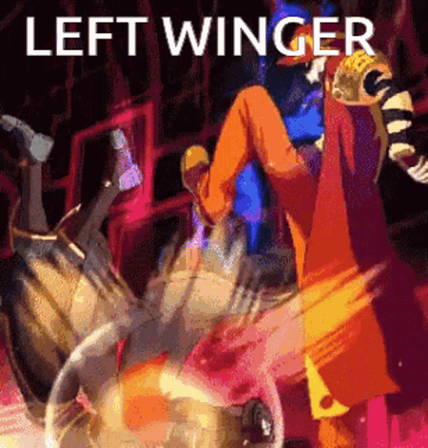 a cartoon character with the words left winger written on the bottom