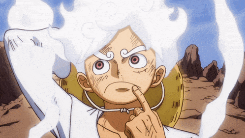 a cartoon character with white hair and red eyes is pointing at his face