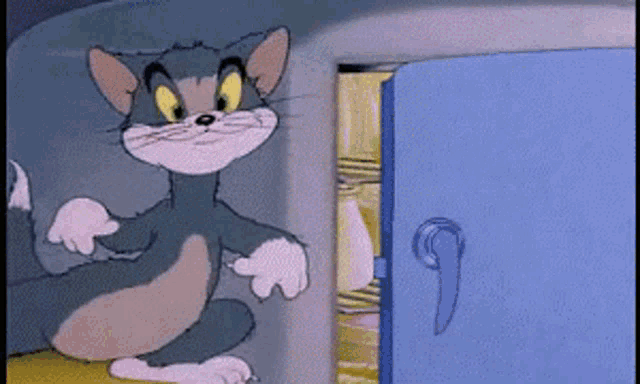 a cartoon cat is standing in front of a blue door with a number 9 on it