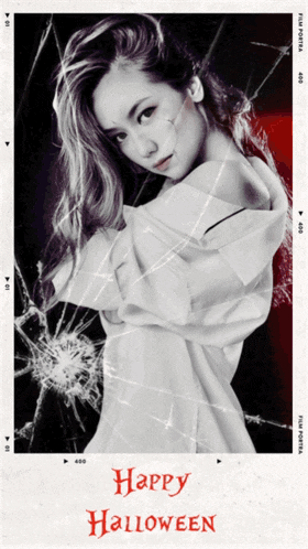 a black and white photo of a woman with the words happy halloween below her