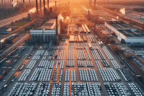 an aerial view of a factory with lots of cars parked