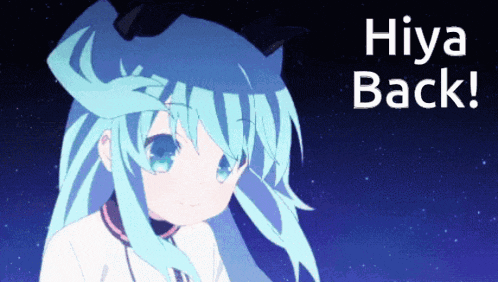 hiya back written on a blue background with a girl