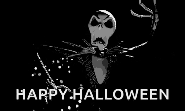 a black and white image of a skeleton with the words `` happy halloween '' written above it .