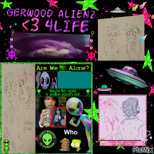 a collage of pictures with the words gerwood alienz < 3 4life on the top
