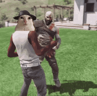 a man is holding a cat with a hat on its head while another man stands behind him .