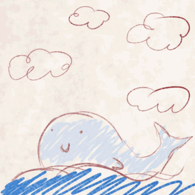 a drawing of a whale with clouds in the sky