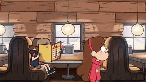 a cartoon character is reading a menu in a diner .