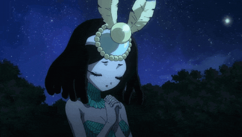 a girl with a feather on her head is praying in the dark