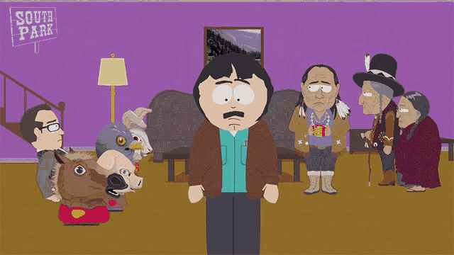 a poster for south park shows a man standing in front of a group of characters