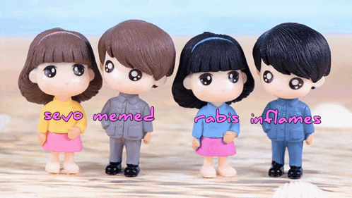 a group of four dolls with rabis inflames written on the top