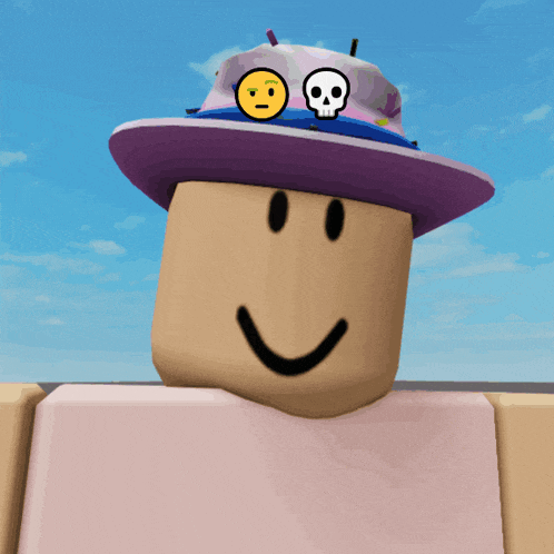 a person wearing a purple hat with a skull and a smiley face on it