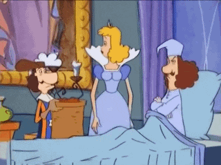 a cartoon of a woman in a blue dress standing next to a man in a bed