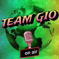 a poster for team gio on air with a microphone in front of a globe