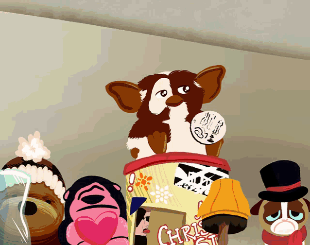 a group of stuffed animals are standing around a box that says chris on it
