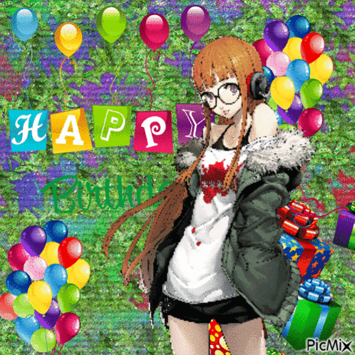 a picture of a girl surrounded by balloons and gifts with the caption happy birthday