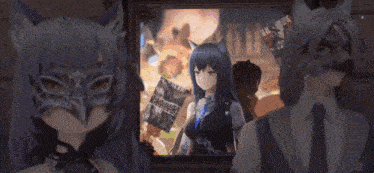a couple of anime characters standing next to each other with one wearing a mask that says ' i 'm sorry '