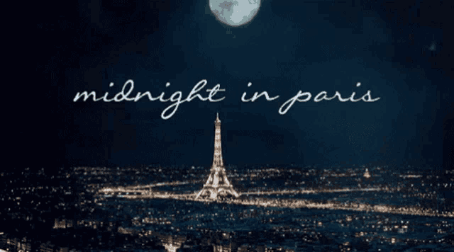 a picture of the eiffel tower at night with the words midnight in paris above it