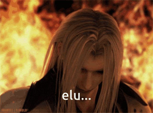 a video game character says elu in front of flames