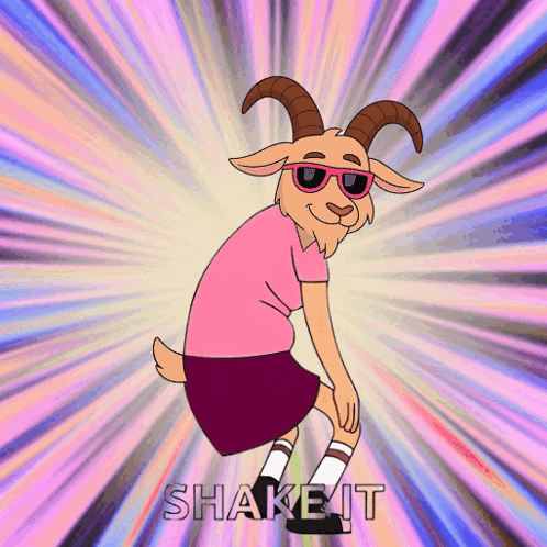 a cartoon goat wearing sunglasses and a pink shirt with the words shake it below it