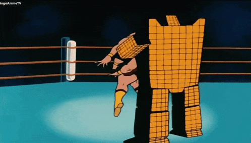 a cartoon of a man and a robot in a boxing ring with logosanimetv on the bottom right