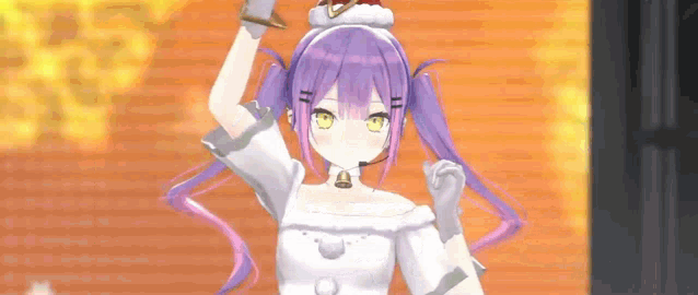 a 3d anime girl with purple hair and yellow eyes is wearing a white dress and a santa hat .
