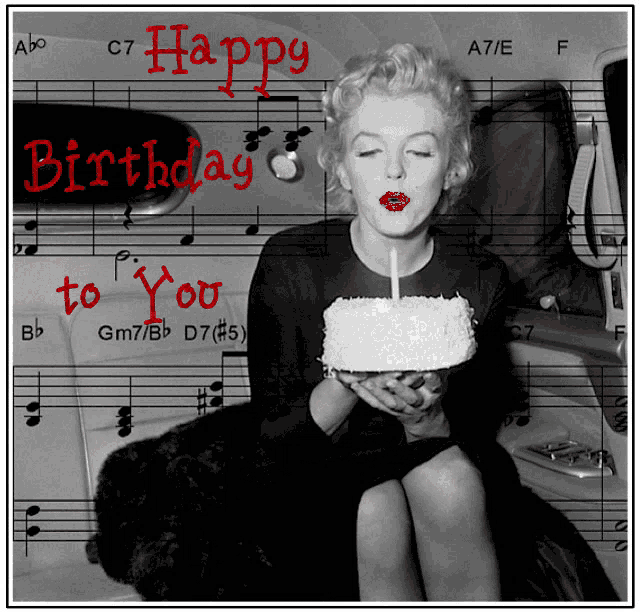 a black and white photo of a woman blowing out a candle with the words happy birthday to you