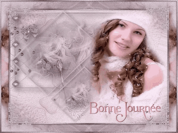 a picture of a woman wearing a white hat and scarf with the words bonne journee