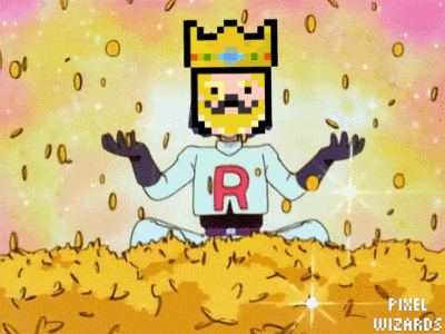 a pixel art of a man with a crown on his head and the letter r on his shirt