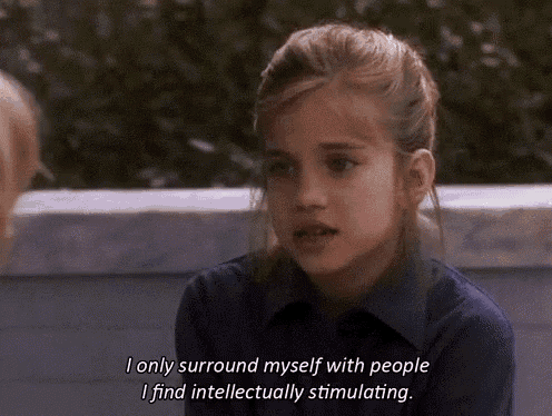 a girl in a blue shirt says " i only surround myself with people "