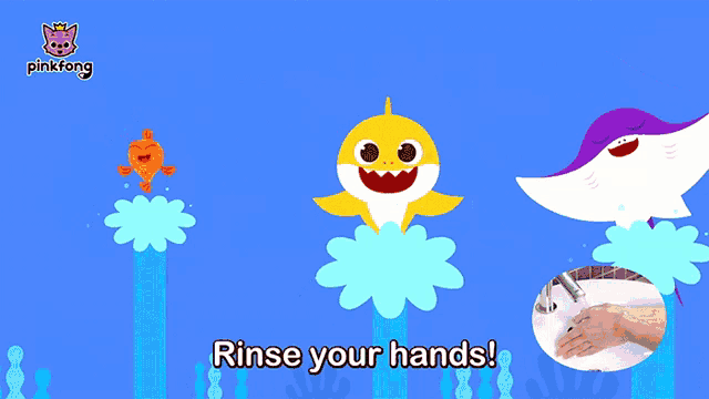 a shark and a stingray are on a blue background with the words rinse your hands