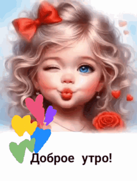 a painting of a little girl with hearts around her and the words " доброе утро "