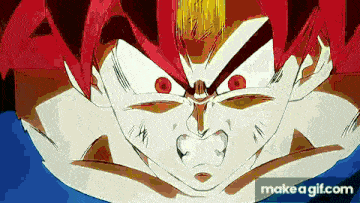 a close up of a cartoon character with red hair and red eyes