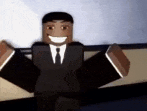 a cartoon man in a suit and tie is smiling and holding his arms out .