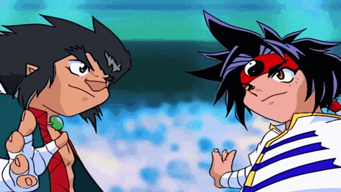 two cartoon characters are standing next to each other and one has a red mask on his face