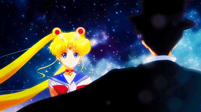 a man in a top hat stands next to a girl in a sailor uniform
