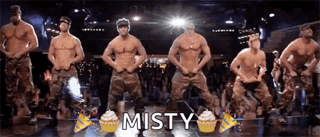 a group of men are dancing in front of a crowd and the word misty is on the bottom right