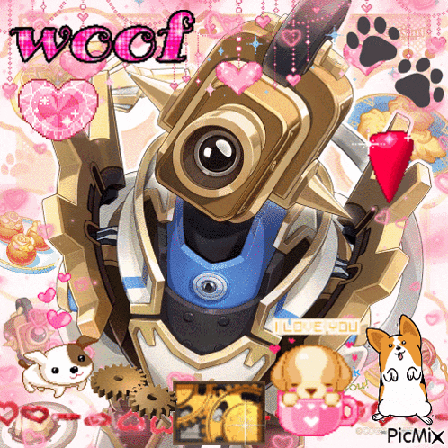 a picture of a robot with the words woof written on it