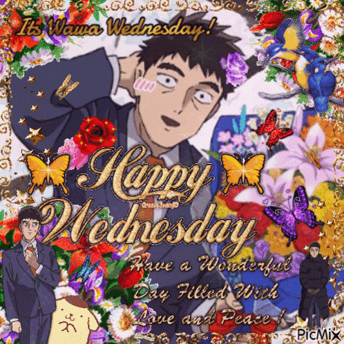 a happy wednesday card with a man in a suit and flowers