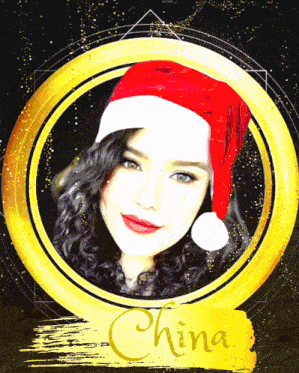 a picture of a woman wearing a santa hat with the name china on the bottom right