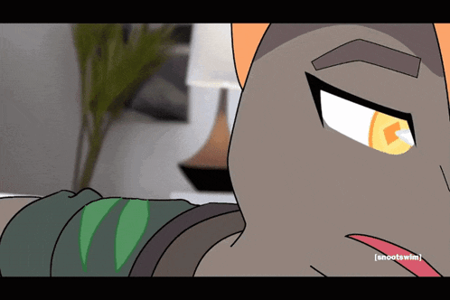 a close up of a cartoon character with the word enootswim on the bottom left