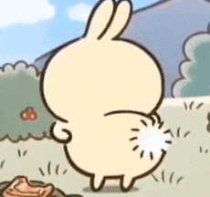 a cartoon rabbit is standing in a field with a white ball on its back .