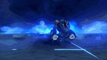 a cartoon character is standing in the dark with a blue background