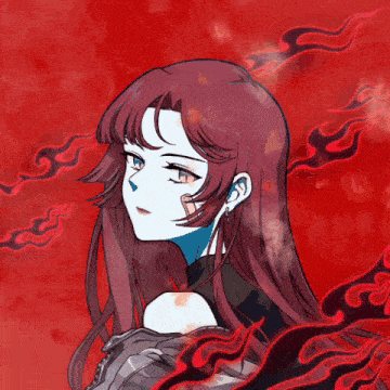 a drawing of a girl with red hair and red flames