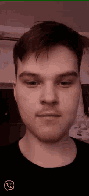 a close up of a man 's face with a phone icon on the bottom right