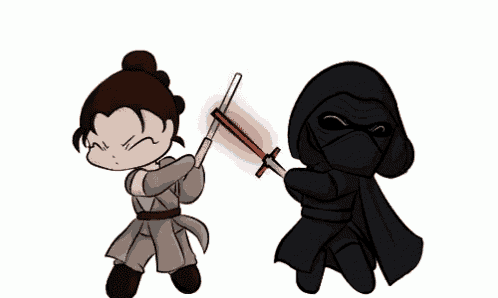 a cartoon of rey and darth vader fighting