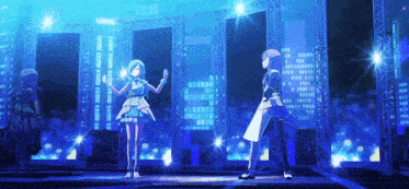 two anime characters are dancing on a stage in front of a city .