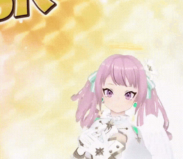 a cartoon girl with pink hair and white wings
