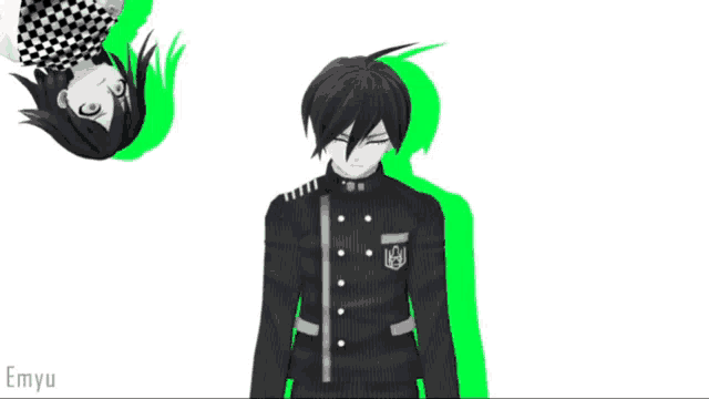 two anime characters are standing next to each other and the word emyu is on the bottom left
