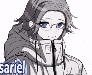 a drawing of a girl wearing glasses and a jacket with the name sariel on the bottom