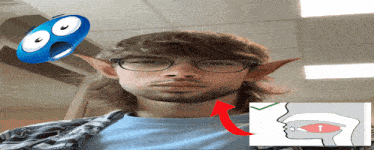 a man wearing glasses and elf ears has an arrow pointing upwards